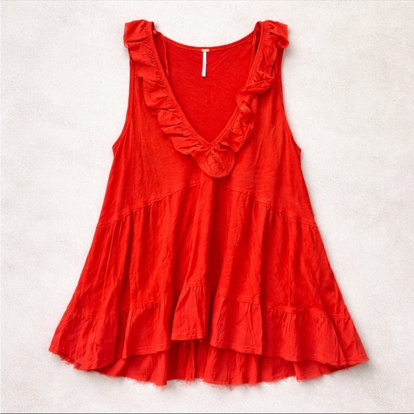 Free People Tops - Free People Out and About Tank Woman Small Orange Ruffle Raw Hem Linen BOHO